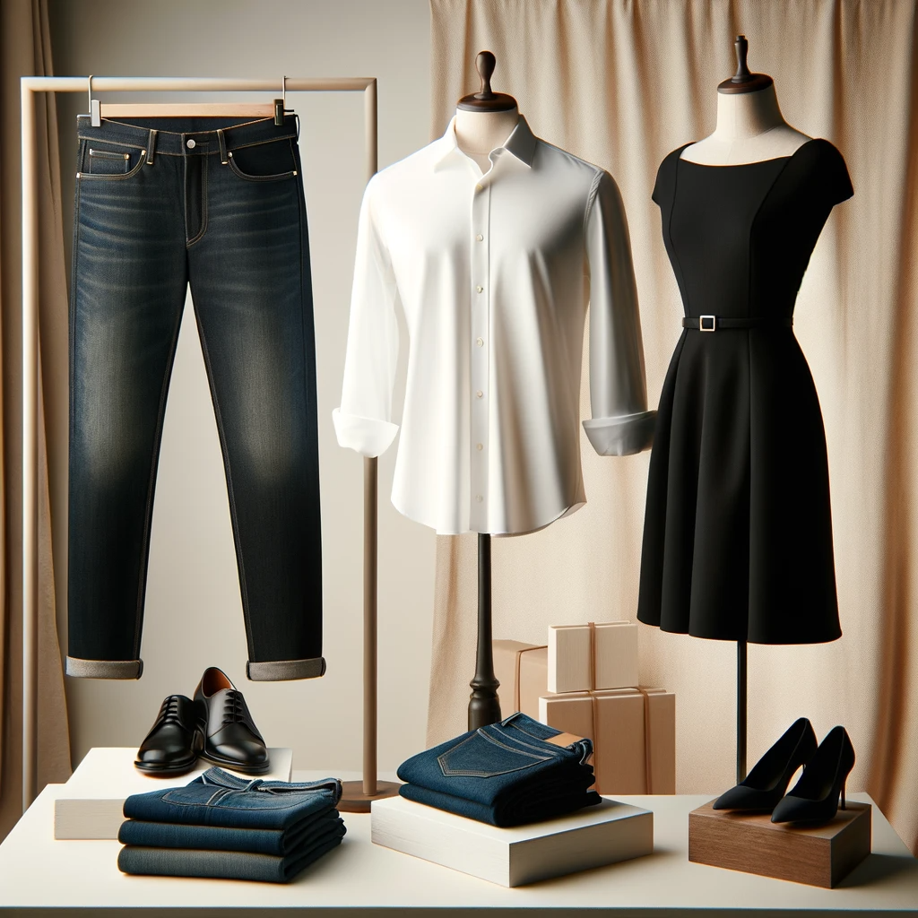 Classic and timeless high-quality clothing items, including a crisp white shirt, versatile denim jeans, and an elegant little black dress.