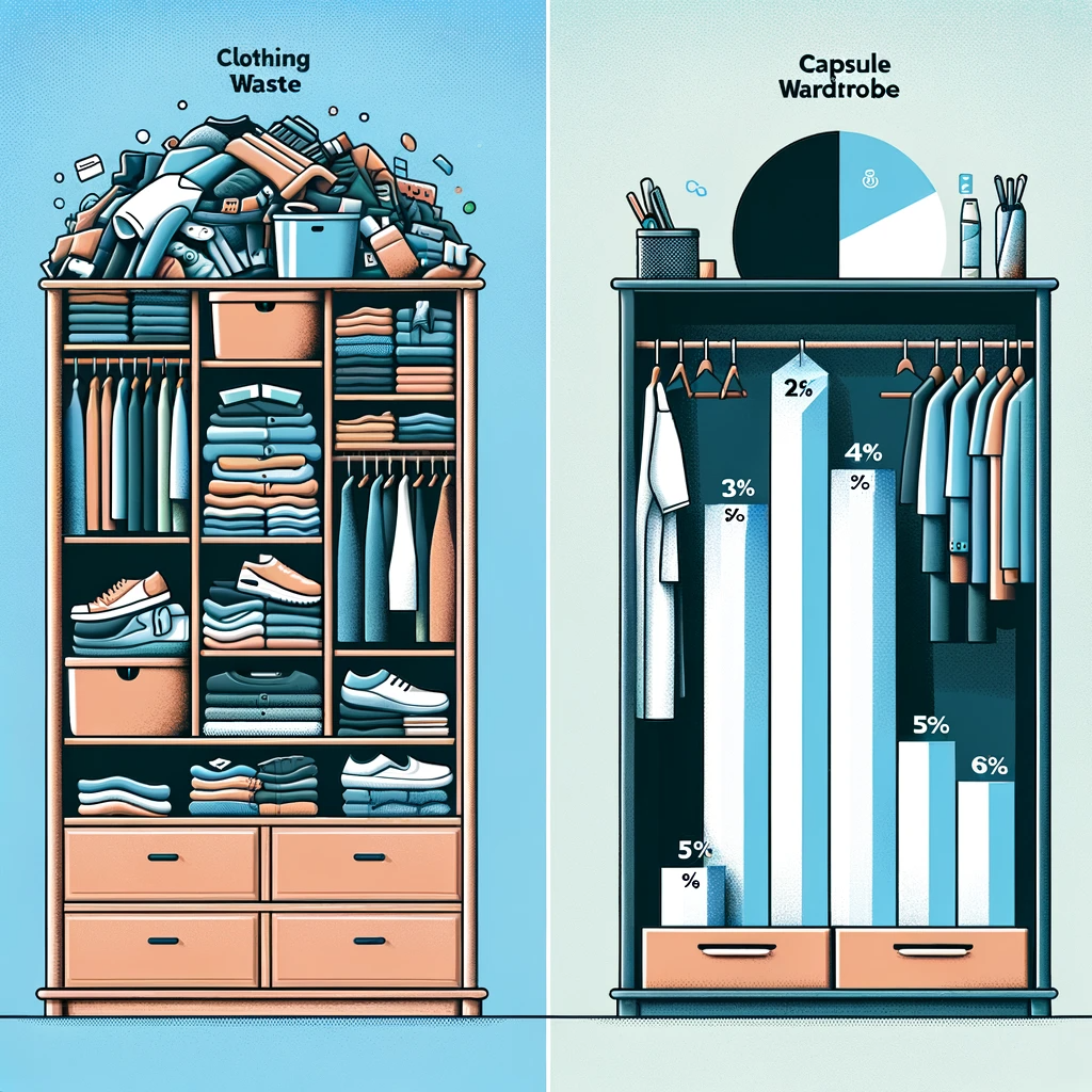 Comparative graphic illustrating the reduction in clothing waste with a capsule wardrobe compared to a traditional wardrobe