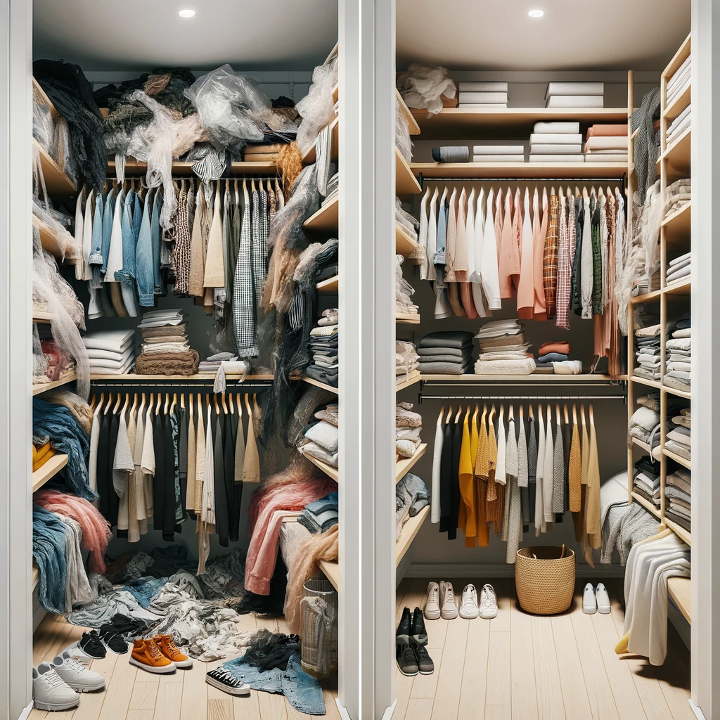 Before-and-after images of a closet transformation, from cluttered and disorganized to a neatly arranged capsule wardrobe.