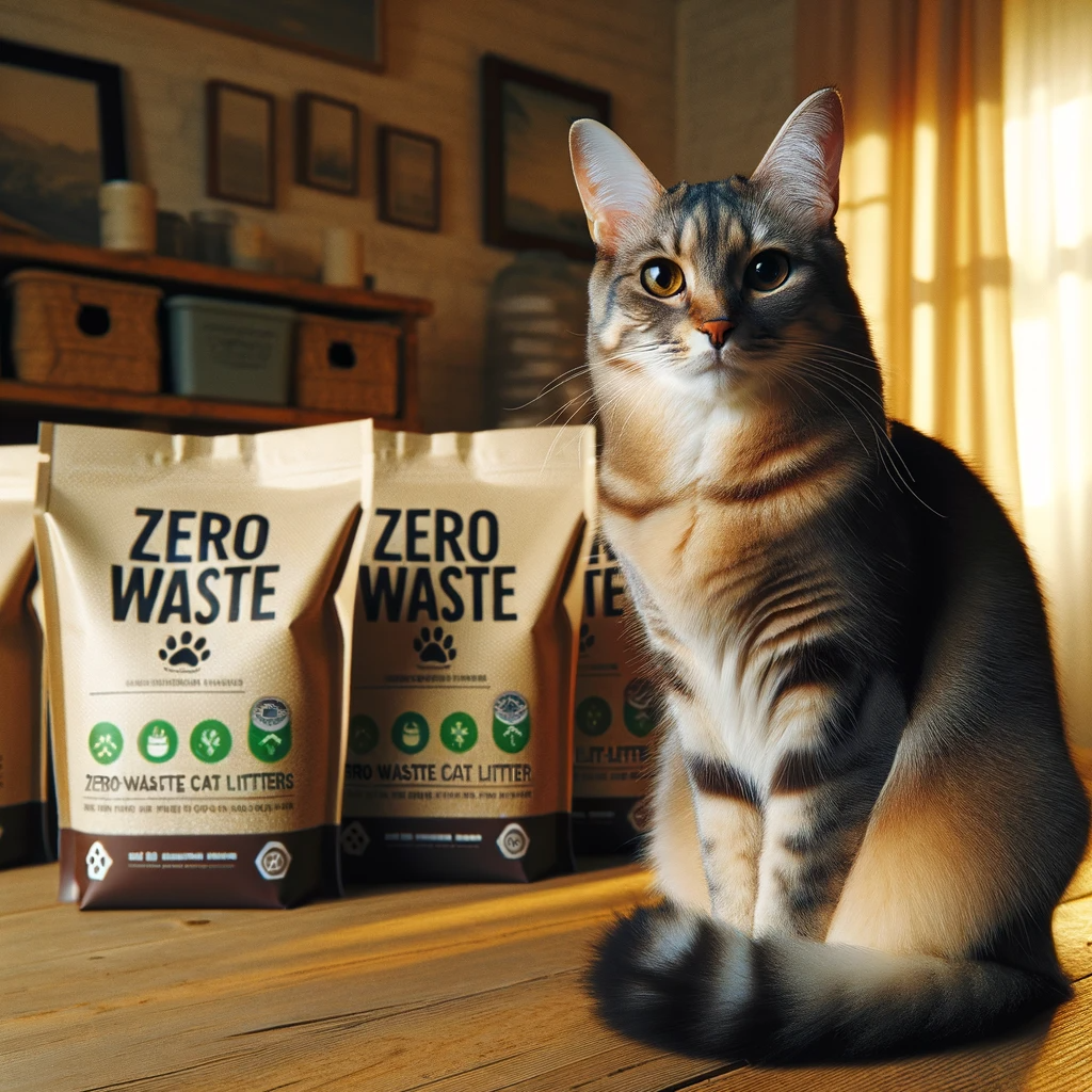 cat sitting in front of zero waste accessory products