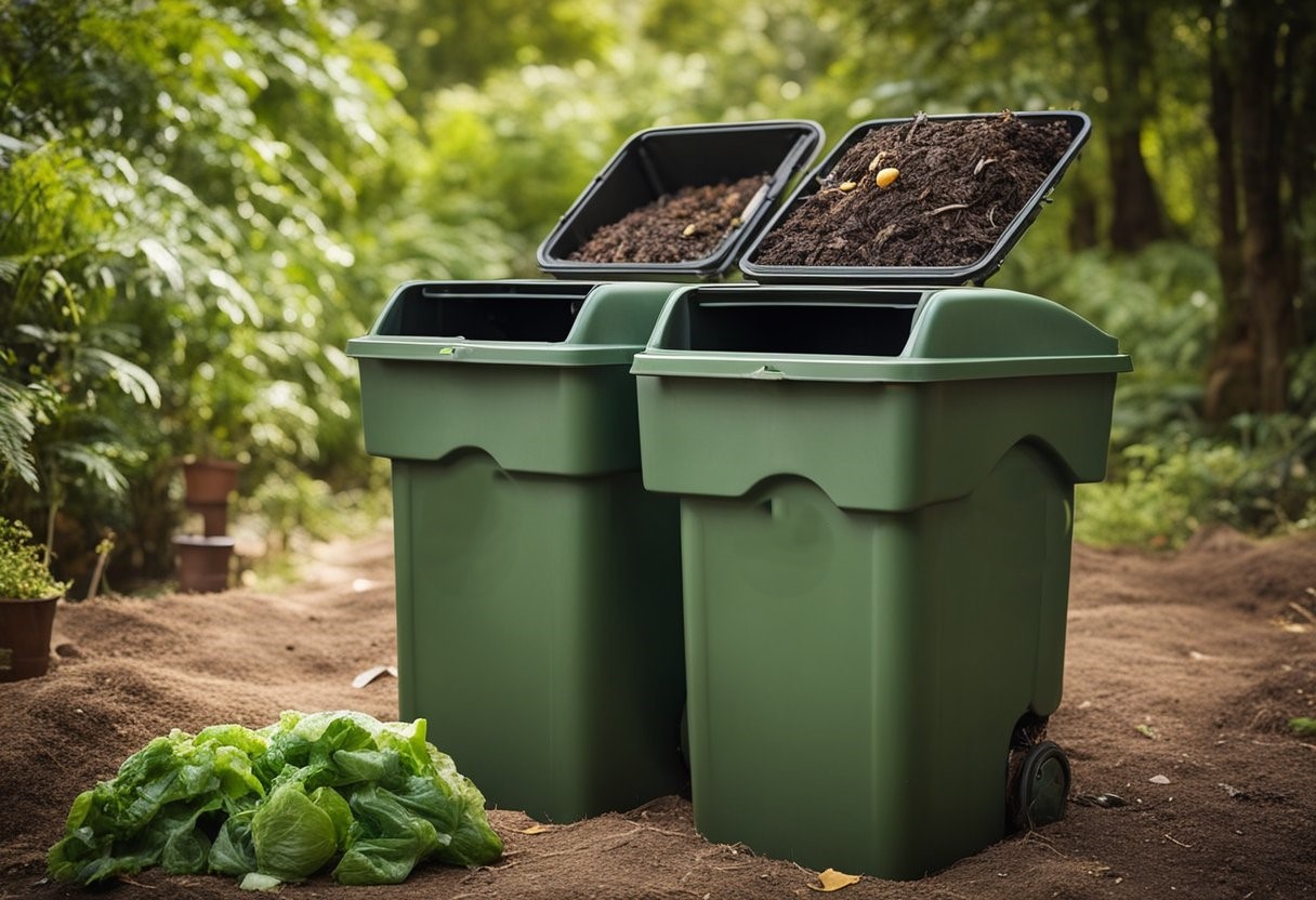 Compost bins with various organic waste items going into the compost
