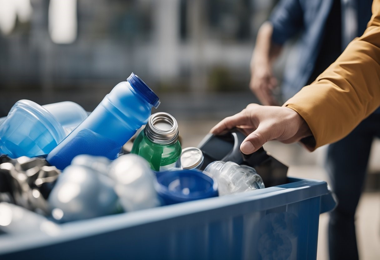 A stainless steel water bottle being placed in a recycling bin with other recyclables