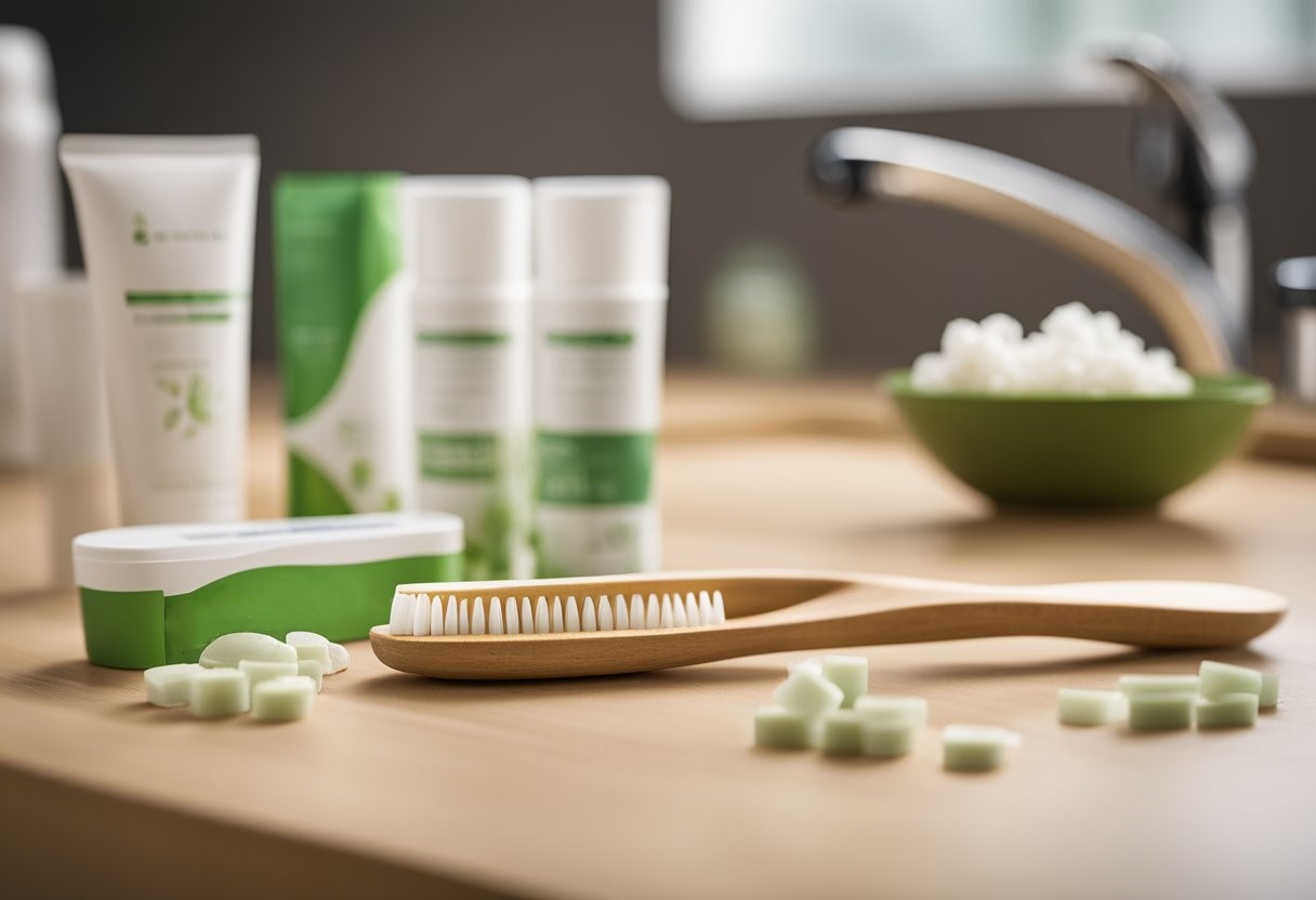 A dental care scene with bamboo toothbrush, biodegradable floss, and compostable toothpaste tablets on a sustainable countertop