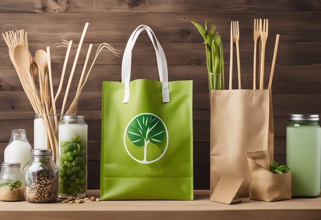 Various eco-friendly products (reusable bags, metal straws, bamboo utensils) displayed on a table for single-use plastic alternatives