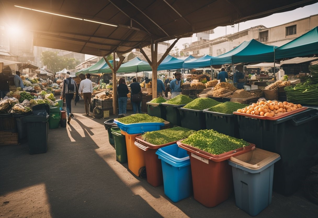 A bustling marketplace with vendors selling sustainable products and eco-friendly goods. Recycling bins and composting stations are set up throughout the area. Embracing an eco friendly events