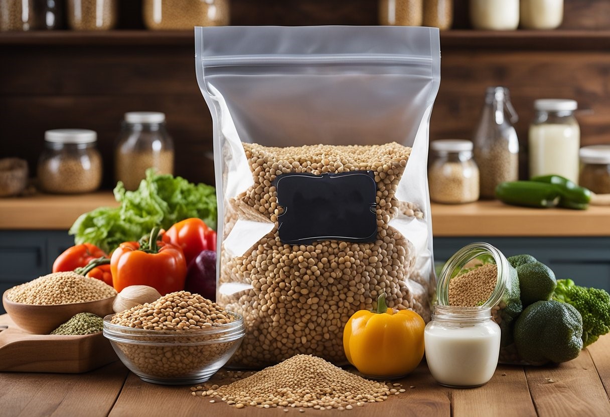 A reusable bag filled with fresh bulk grains, and glass jars of bulk items on a wooden counter. A metal scoop and cloth produce bags are nearby