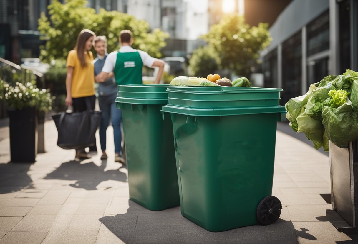 Customers fill reusable bags with bulk items, avoiding single-use packaging. A compost bin sits nearby, collecting food waste for recycling. Examples of sustainable grocery shopping