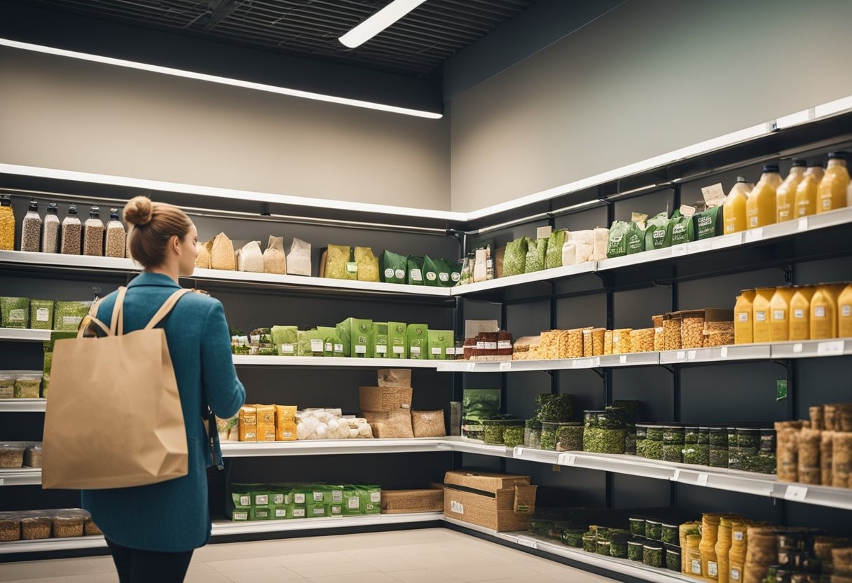 Customer browses shelves of shopping center in a bright, modern grocery store. Eco-friendly packaging and reusable bags are visible. The store embraces sustainable grocery shopping habits.