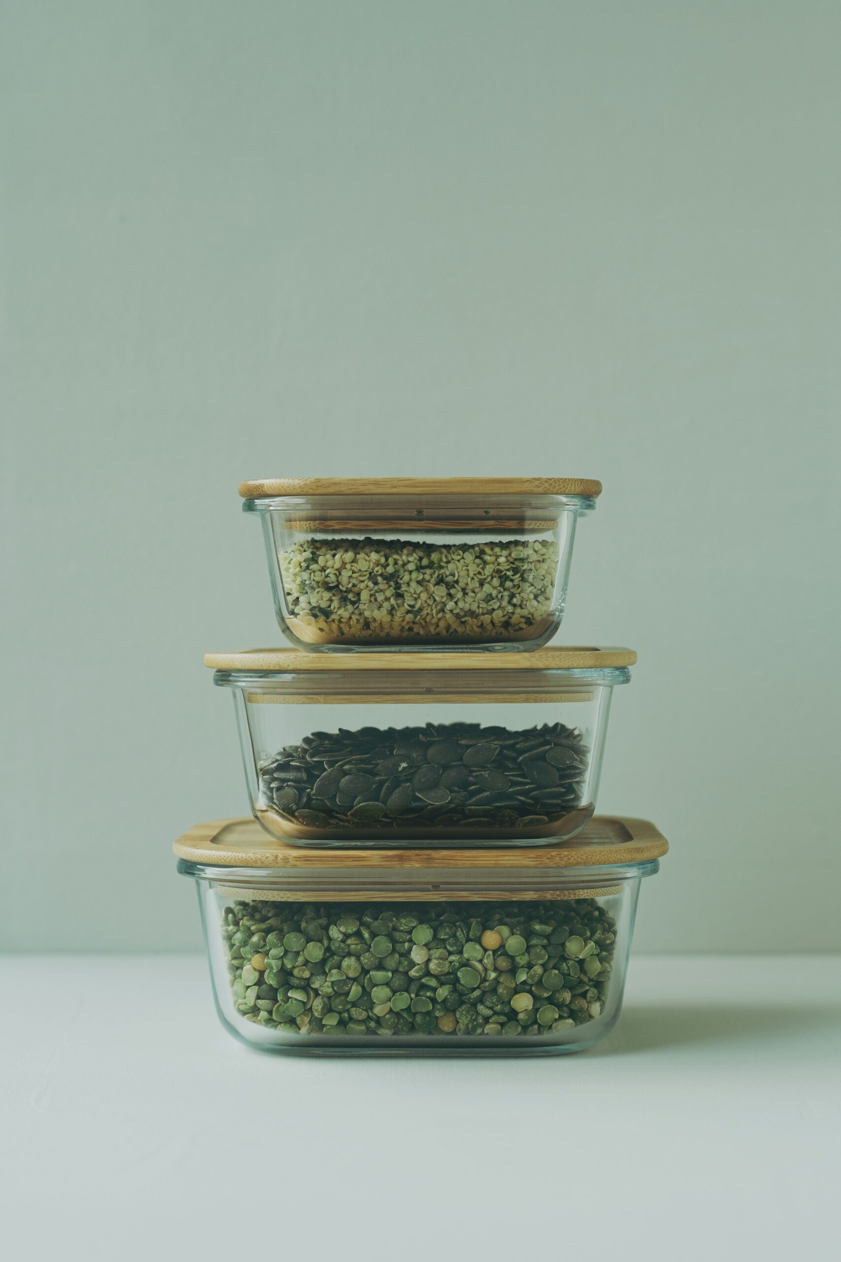 food storage container alternatives. Food stored in glass containers.