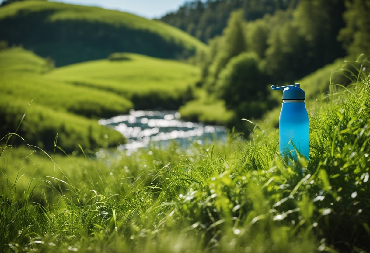 A reusable water bottle sitting on a grassy hill, with a clear blue sky and lush green trees in the background. A small stream of water flows nearby, emphasizing the importance of sustainability and nature