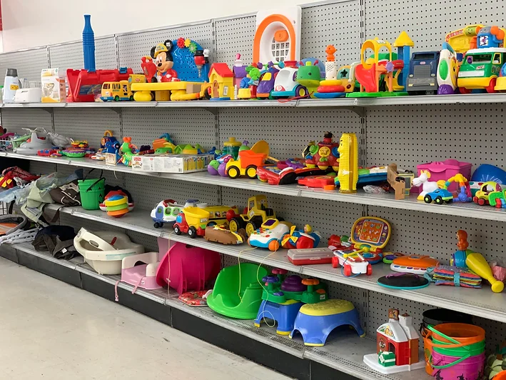 toys on shelves inside Ohio Thrift of Columbus