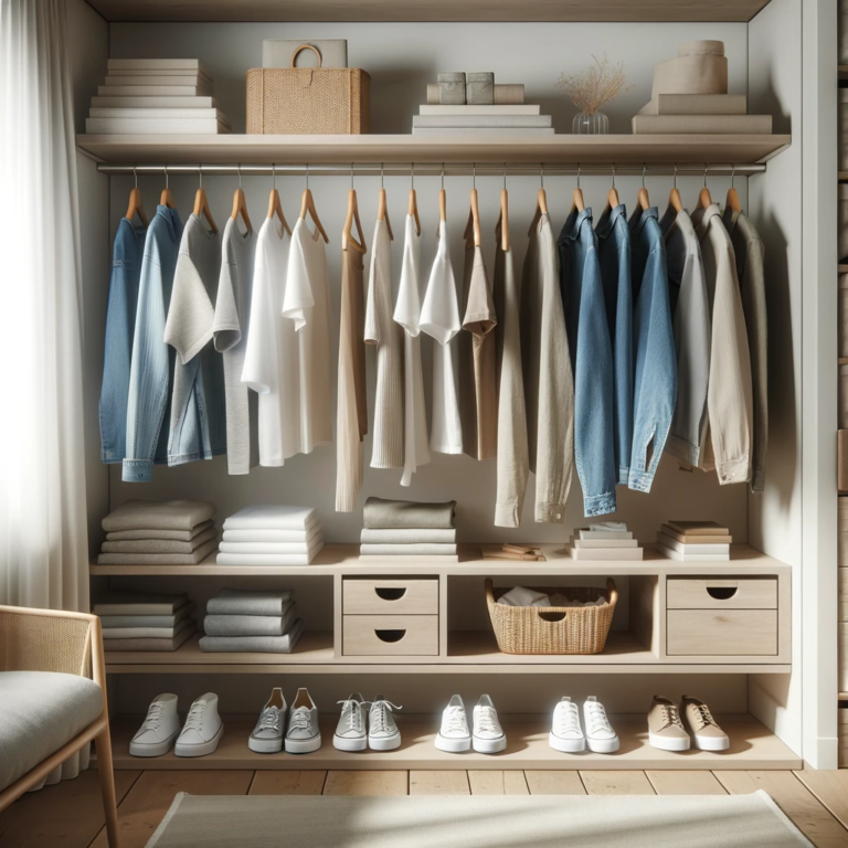 A tidy, minimalist capsule wardrobe showcasing a variety of versatile clothing items in a serene closet setting.