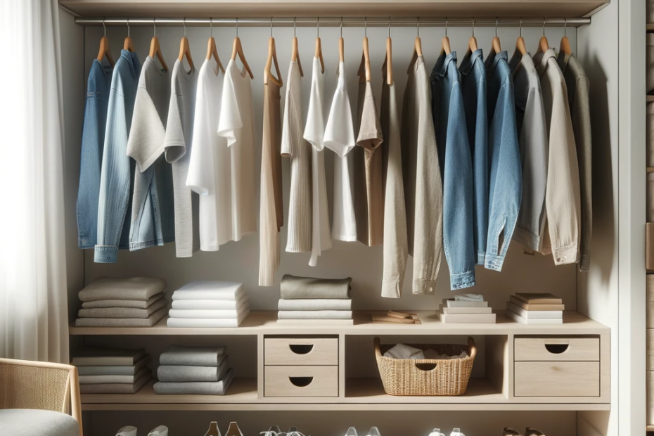 A tidy, minimalist capsule wardrobe showcasing a variety of versatile clothing items in a serene closet setting.