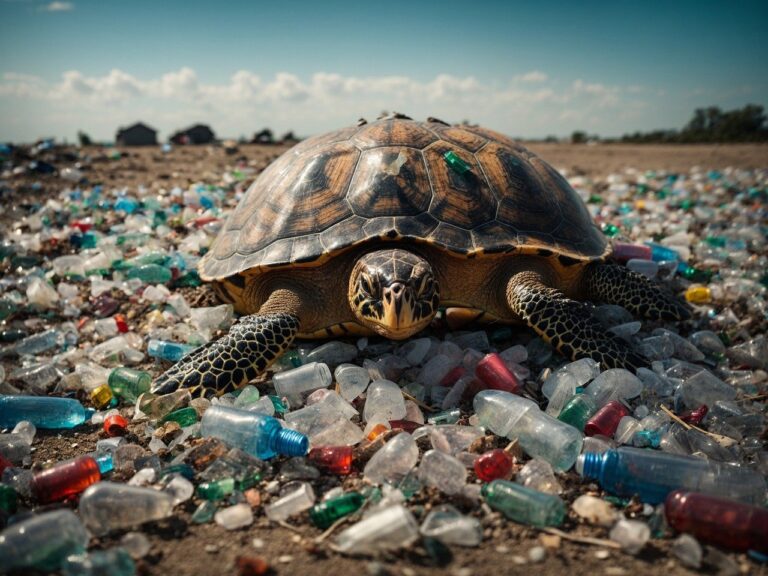 sea turtle surrounded by plastic garbage
