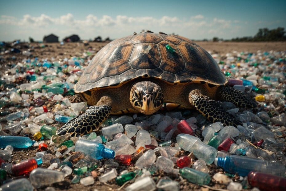 sea turtle surrounded by plastic garbage