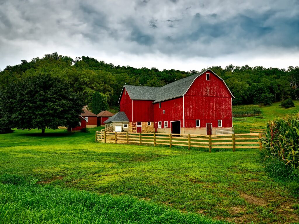 red barn on a farm, embracing sustainable liviing