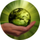Hand holding globe emitting green rays, embracing a sustainable earth