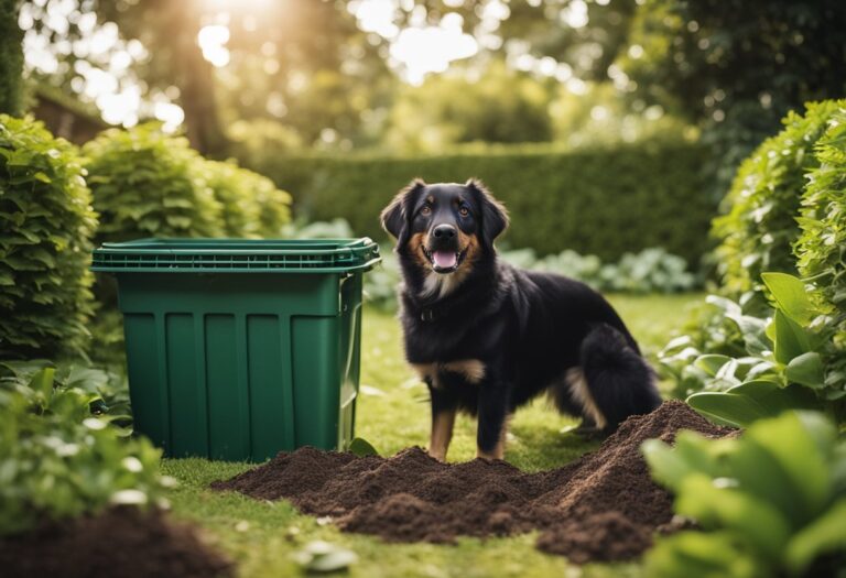 A dog sitting next to an eco-friendly dog poop disposal bin in a lush garden setting