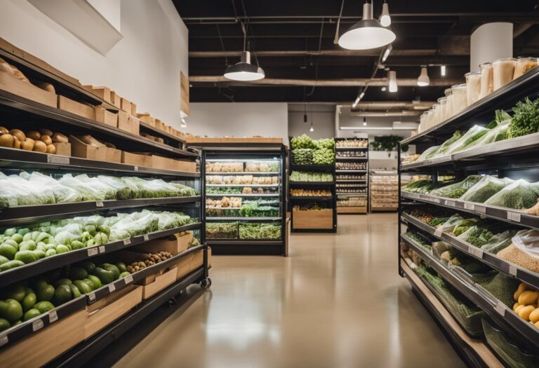 A zero waste grocery store with bulk bins, reusable containers, and compostable packaging. Shoppers bring their own bags and jars to fill with organic produce and sustainable products