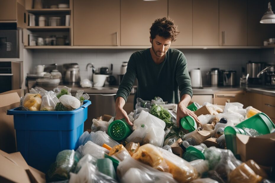 A cluttered kitchen with overflowing trash bins, plastic packaging, and disposable items. A person struggles to sort through waste and recyclables, feeling overwhelmed by the challenges of a zero-waste lifestyle