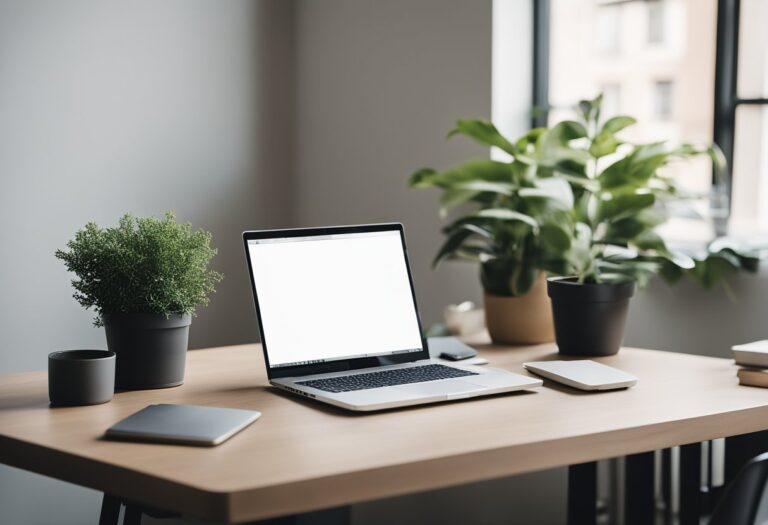 A serene workspace with a clutter-free desk, a single laptop, and a potted plant. Clean lines and a neutral color palette create a sense of calm and focus