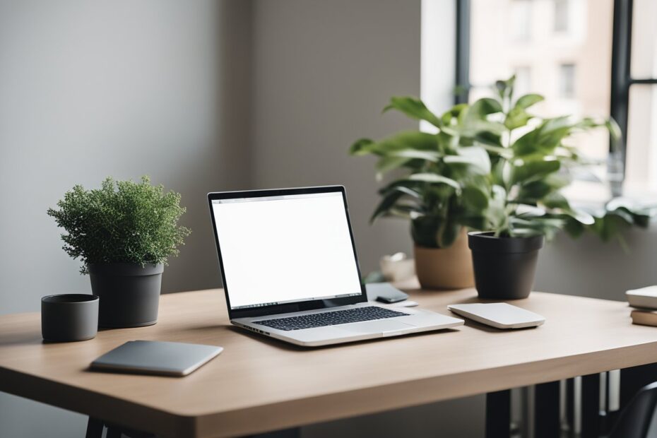 A serene workspace with a clutter-free desk, a single laptop, and a potted plant. Clean lines and a neutral color palette create a sense of calm and focus