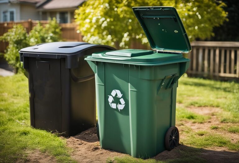 A compost bin sits next to a garbage disposal unit
