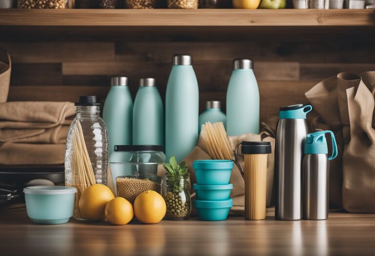 Household items: metal straws, bamboo toothbrush, glass food containers, cloth grocery bags, reusable water bottles, beeswax wraps, silicone food storage bags