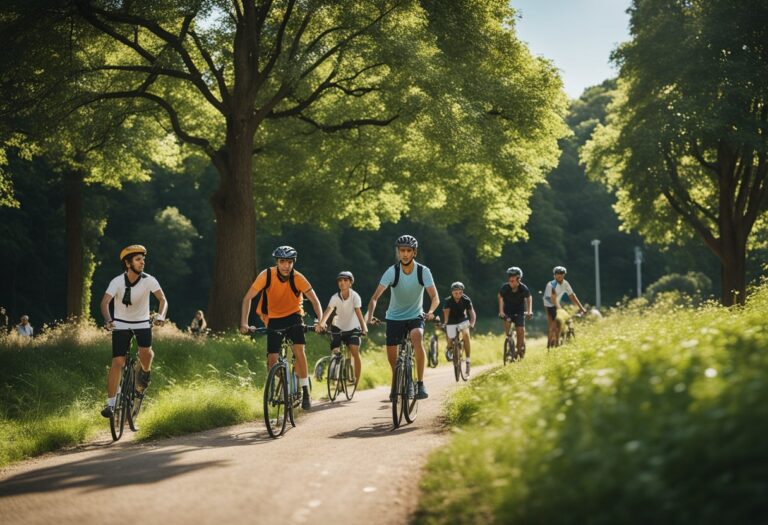 A group of people are riding bicycles along a bike path, indicating an example of sustainable hobbies.