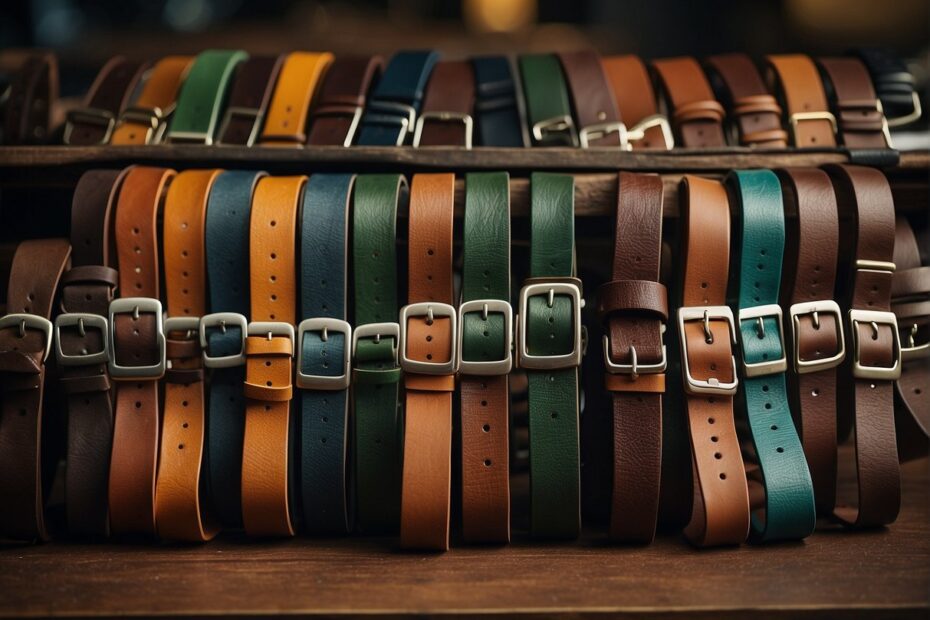 Numerous belts hanging next to each other. Natural materials and earthy colors.
