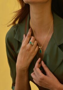 female wearing minimalist jewelry from thrift store outfit ideas
