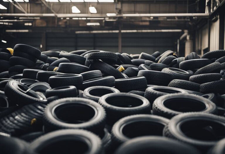 A pile of used tires being loaded onto a recycling truck. A worker operates a conveyor belt, feeding the tires into a shredder. Embracing how to recycle tires.