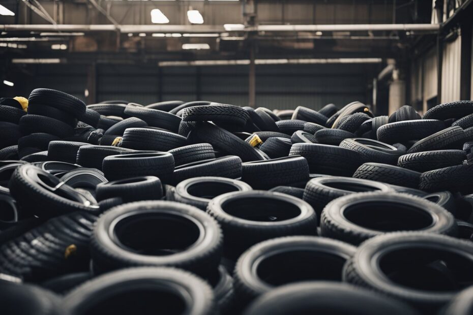 A pile of used tires being loaded onto a recycling truck. A worker operates a conveyor belt, feeding the tires into a shredder. Embracing how to recycle tires.