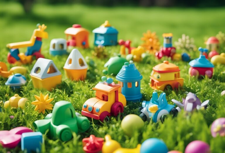 A colorful array of eco-friendly kids toys made from recycled materials, scattered on a grassy field with a backdrop of a lush, thriving garden