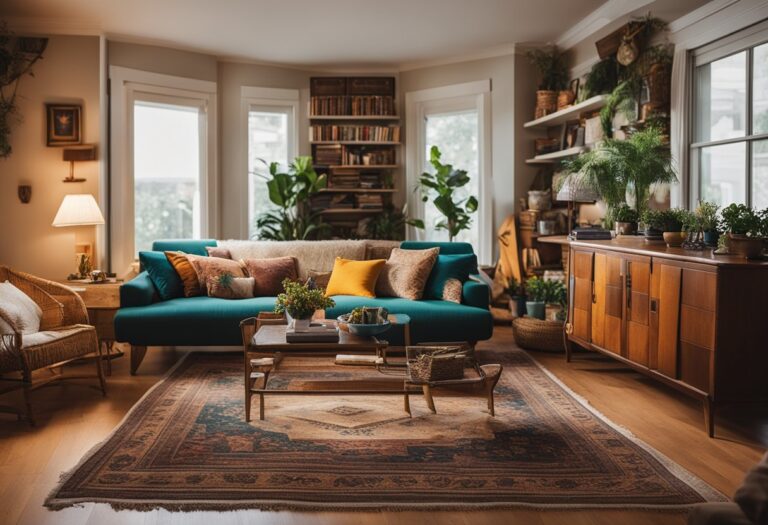A cozy living room with vintage furniture, colorful rugs, and eclectic wall art from an online thrift store
