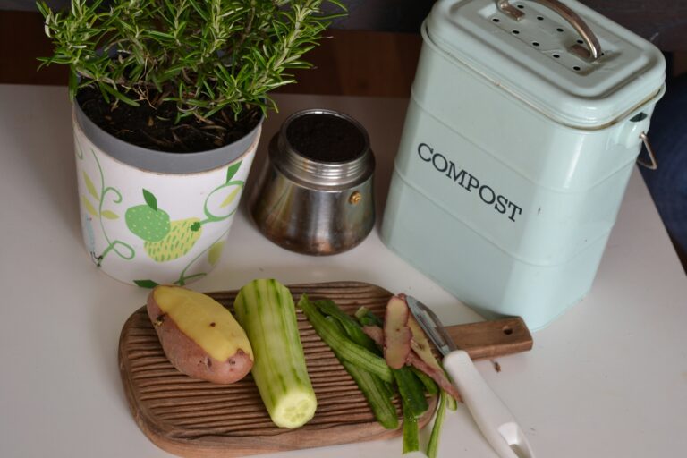 Table with peeled vegetables sitting next to a small compost bin, along with a plant and stainless stell small container. Embracing apartment composting.