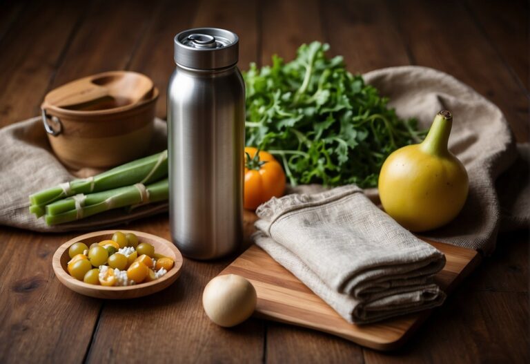 Reusable items, including bamboo and stainless steel items on a table with food and drinks in them. Embracing a zero waste lunch.
