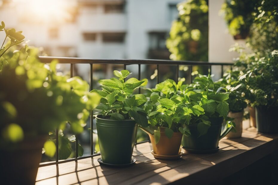 Lush green plants fill a small balcony, pots arranged neatly. A watering can sits nearby, and sunlight filters through the railing